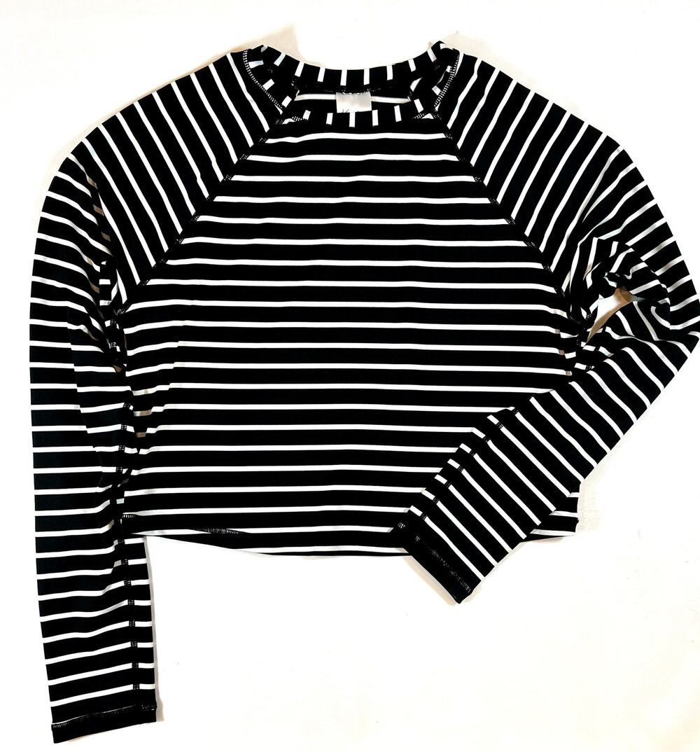 Kona Sol Black & White Striped Cropped Long Sleeve Rash Guard UPF 50+ Size Small